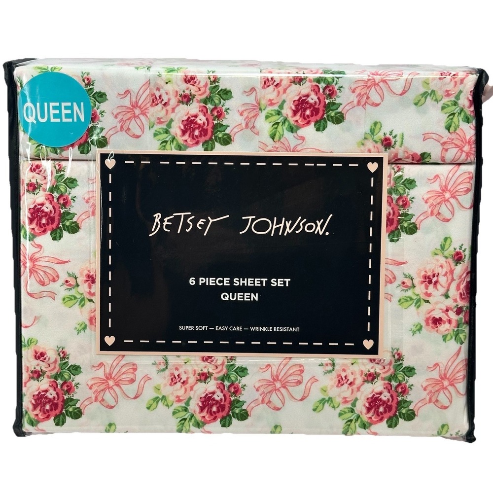Betsey Johnson Queen Sheet Set Pink Rose Bow Coquette 6 Piece Bedding New